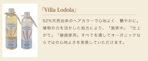 『Villa Lodola』92%天然由来のヘアカラーで心地よく 艶やかに。植物の力を活かした処方により、「施術中」「仕上がり」「継続使用」すべてを通してオーガニックならではの心地よさを実感していただけます。